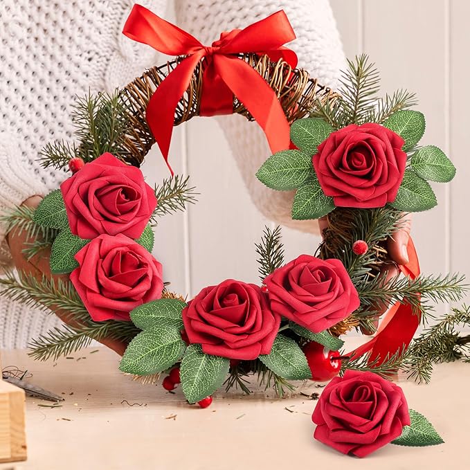 Mocoosy 50 Pcs Artificial Flowers Red Roses Bulk, Real Looking Fake Foam Roses with Stems DIY Wedding Bouquet Floral Arrangement Bride Shower Centerpieces Valentines Day Christmas Tree Decorations