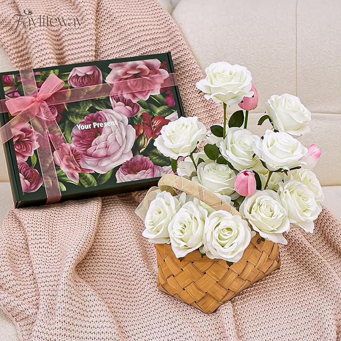 20PCS Artificial White Roses, 3.9'' Silk Flower Head Fake White Rose with Long Stems, Realistic Faux Roses Bouquet for DIY Wedding Home Party Office Decoration