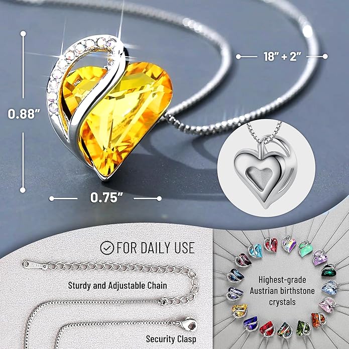 Leafael Necklaces for Women, Infinity Love Birthstone Heart Crystal Pendant, Birthday Jewelry Gifts for Her, Mom, and Wife, Silver Plated, 18 plus 2 inch Adjustable Chain
