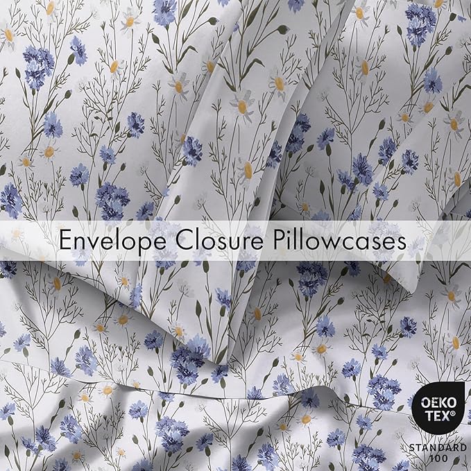 RUVANTI 100% Cotton Split King Sheets Sets for Adjustable Bed, 5 PCs, Soft & Breathable Percale Weave Bedding, Deep Pocket 16", Hotel Standard, Crisp Cool Feel & Durable, Floral Sheet, Sweet Pea