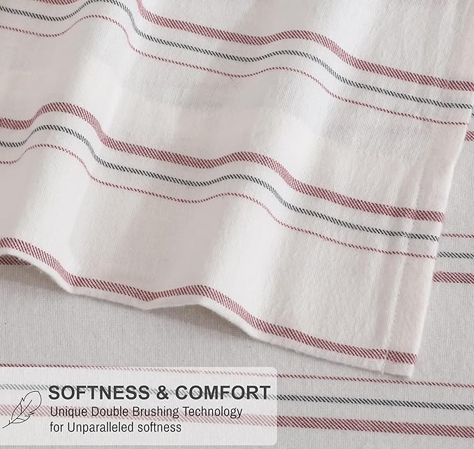 RUVANTI Flannel Sheets Full Size - 100% Cotton Double Brushed Bed Sheets Set, Deep Pockets 16 Inches, All Seasons Breathable & Extra Soft Full Sheets, Warm & Cozy, 4 Piece, Twill Stripe