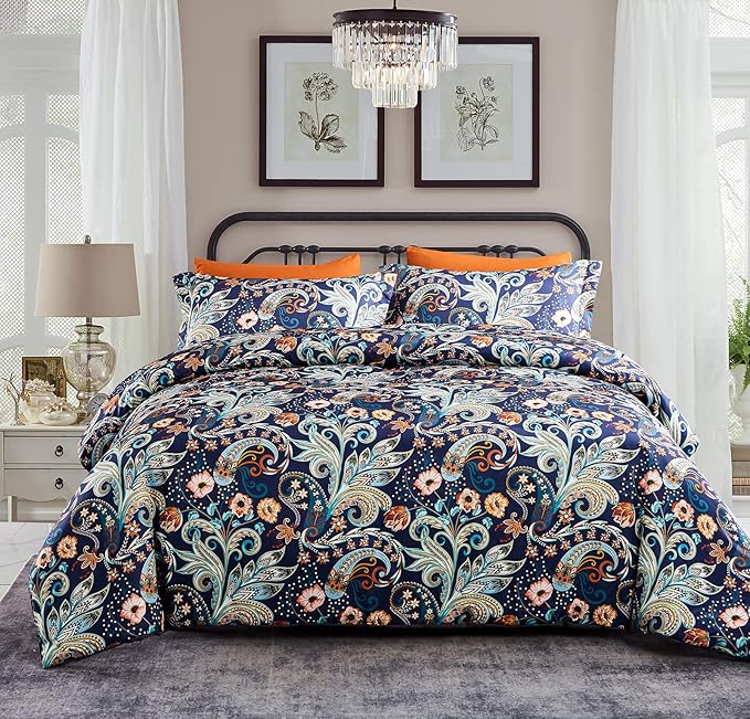 7 Piece Paisley Flower Comforter Set Bed in a Bag Set Queen Size Luxury Dark Blue Vintage Floral Boho Medallion Comforter Soft & Breathable Microfiber Bedding Set for Woman Adults