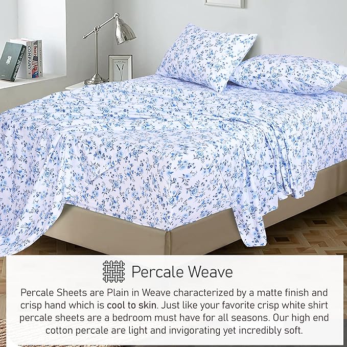 RUVANTI 100% Cotton Split King Sheets Sets for Adjustable Bed, 5 PCs, Soft & Breathable Percale Weave Bedding, Deep Pocket 16", Hotel Standard, Crisp Cool Feel & Durable, Floral Sheet, Annual