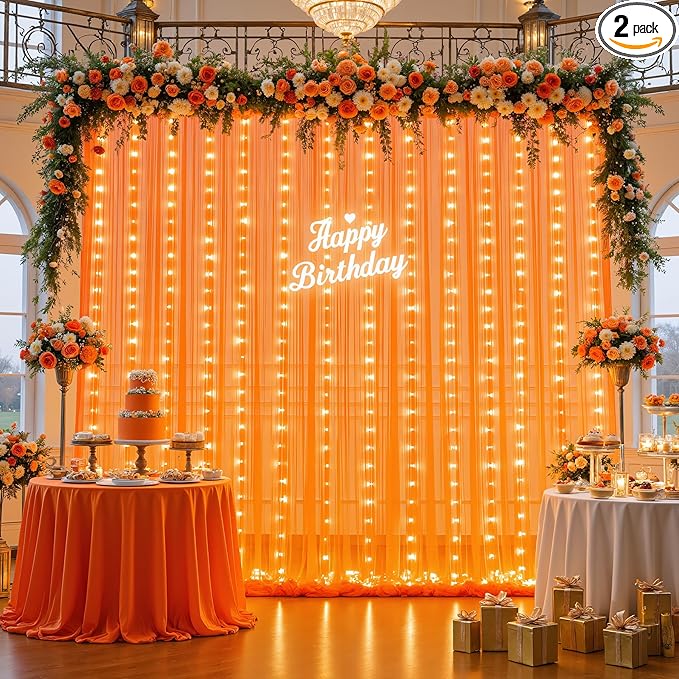 10ft x 10ft Orange Tulle Photo Backdrop Curtain with Lights String for Halloween Party Orange Sheer Curtain Backdrop Drapes for Birthday Party Wedding Photo Booth Background Home Room Decorations