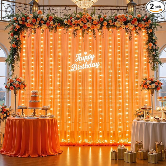 10ft x 10ft Orange Tulle Photo Backdrop Curtain with Lights String for Halloween Party Orange Sheer Curtain Backdrop Drapes for Birthday Party Wedding Photo Booth Background Home Room Decorations