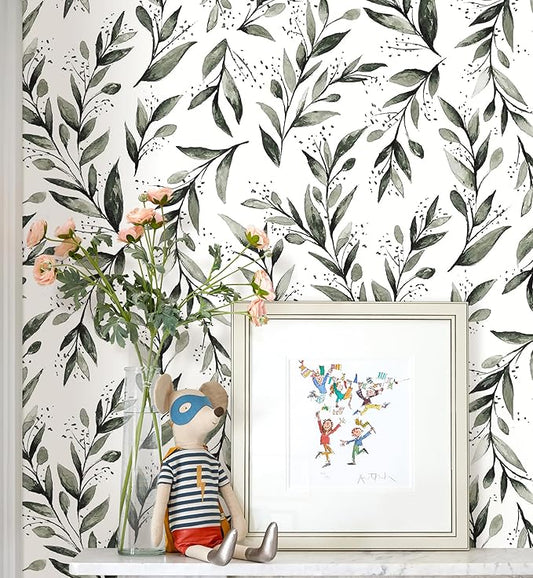 Erfoni Leaf Peel and Stick Wallpaper Dark Green Contact Paper 17.7inch x 236.2inch Greenery Eucalyptus Wallpaper Peel and Stick Leaves Plant Self Adhesive Wall Paper for Laundry Room Walls Decor