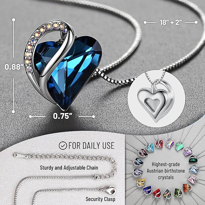 Leafael Necklaces for Women, Infinity Love Birthstone Heart Crystal Pendant, Birthday Jewelry Gifts for Her, Mom, and Wife, Silver Plated, 18 plus 2 inch Adjustable Chain
