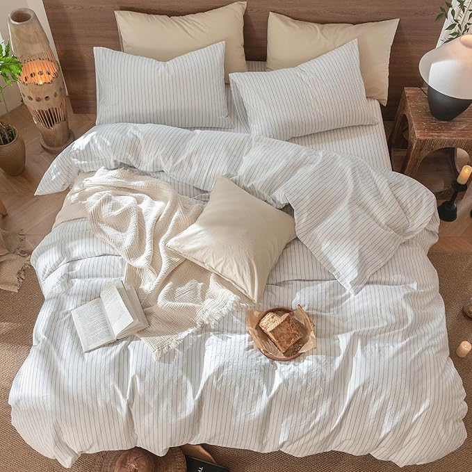 MooMee Striped Duvet Cover Set 100% Washed Cotton Linen Like Textured Breathable Durable Soft Comfy (White Cornflower Blue Wide Stripes, Super King 108"x98")