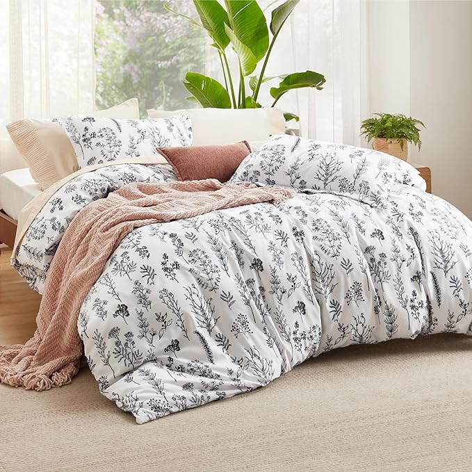 Bedsure Duvet Cover Queen Size - Reversible White Queen Duvet Cover Set with Zipper Closure, 3 Pieces Floral Patterned Bedding Set with 8 Corner Ties and 2 Pillow Shams