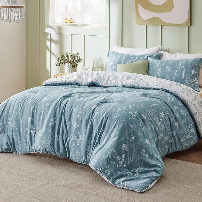 Bedsure Full Comforter Set - Mineral Blue Bed Set, 3 Pieces Cute Floral Bedding, 1 Soft Reversible Botanical Flowers Comforter and 2 Pillow Shams