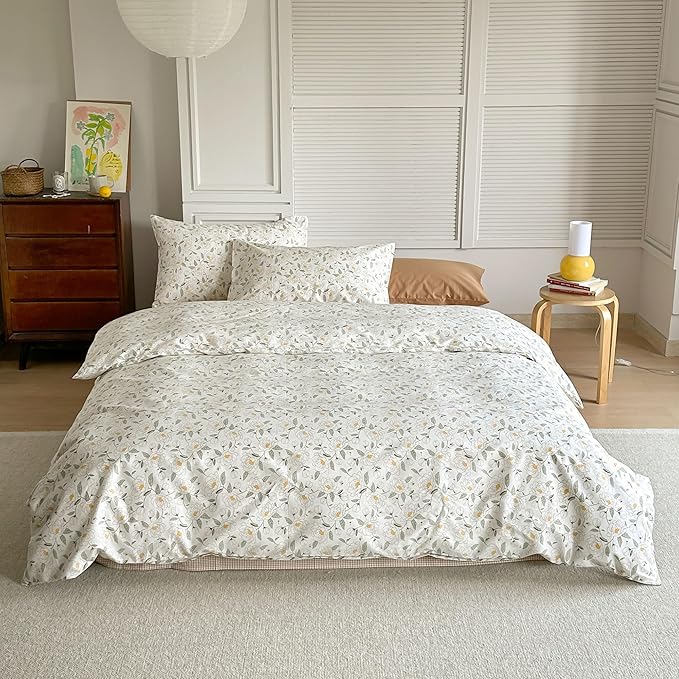 AOJIM Kids Adults Duvet Cover Set with Floral Pattern, Soft Comfy 100% Cotton Comforter Cover Set 3pcs, 1 Reversible Aesthetic Quilt Cover Full Size and 2 Matching Pillowcases for Room Decor, No Quilt