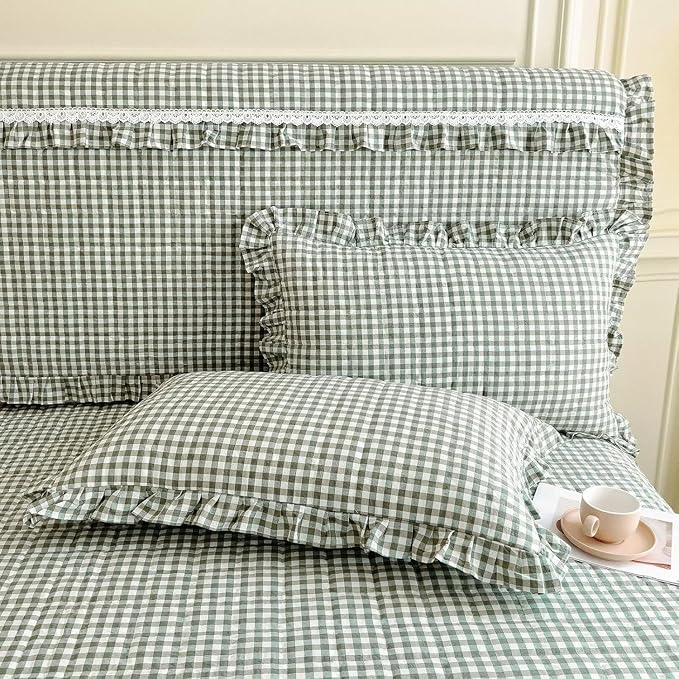 LifeTB Green Gingham Comforter Set King 3 Pieces Ruffle Plaid Comforter Set Chic Grid Bed Comforter with 2 Pillowcases Fluffy Soft Checkered Pattern Comforter Gingham Bedding Comforter King