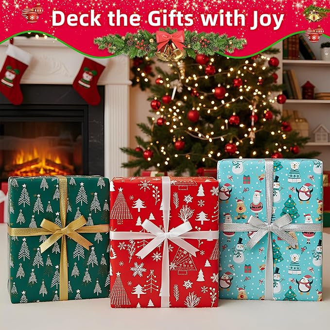 Christmas Wrapping Paper (4 Rolls, 93 sq. ft. ttl): Funny Snowmen, Snowflakes, Reindeer, Bear, Christmas Trees and Santa Claus with Gifts Design for Holiday Gift Wrap- 17 Inches x 16.5 Feet Per Roll
