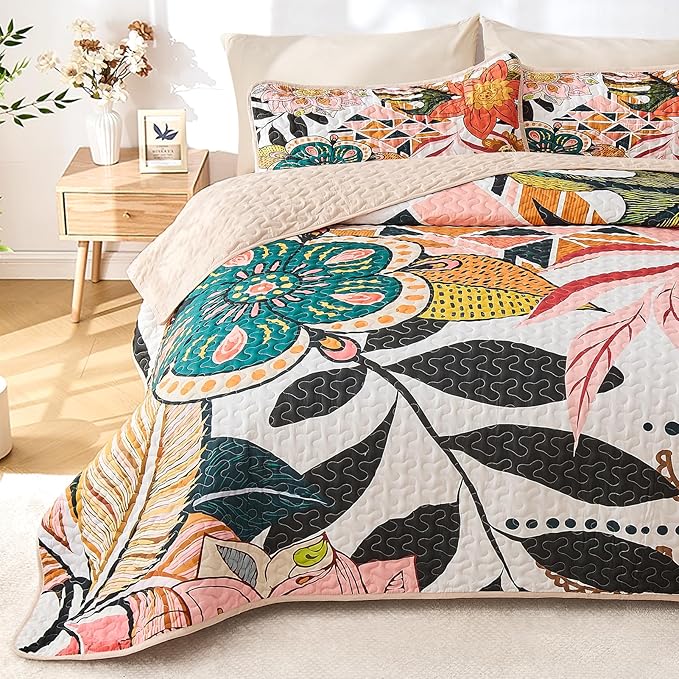 Quilt Set Full/Queen Size, Boho Floral 3 Pcs Soft Bed Cover Bedding Set, Mid Century Flowers Lightweight Bedspread Coverlet with 2 Pillow Sham for All Season