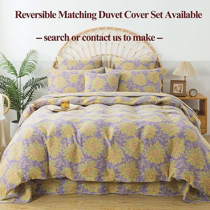 FADFAY Sunflower Sheets Set King Vintage Yellow Purple Floral Bedding Shabby Farmhouse Bedding Super Soft Washed Double -Layer Muslin Sheets 100% Cotton Deep Pocket Fitted Sheet 4Pcs, King Size