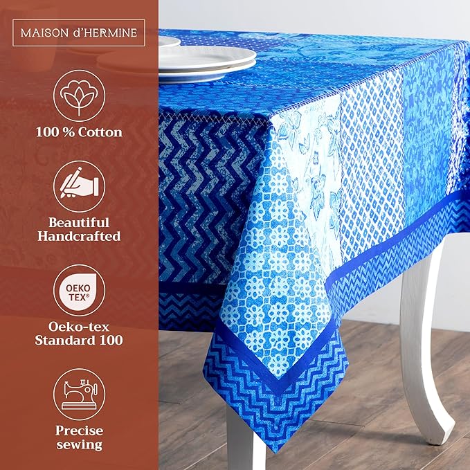 Maison d' Hermine Table Cloth Square Table 100% Cotton 60 x 60 Inches Tablecloth Reusable Decorative Everyday Use for Dining Room, Farmhouse, Home, Party, Festive & Wedding Spring Summer - Indigo Love