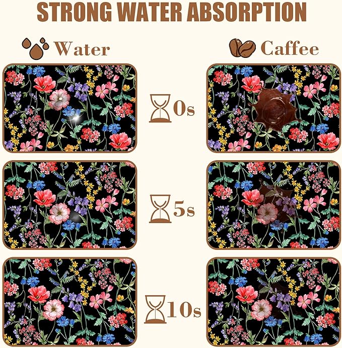 Beautiful Flowers Dish Drying Mat for Kitchen Counter Coffee Bar Mat Hide Stain Absorbent Rubber Backed Coffee Mat Coffee Maker Espresso Machine Coffee Bar Accessories 11.8 x 19.7 Inch