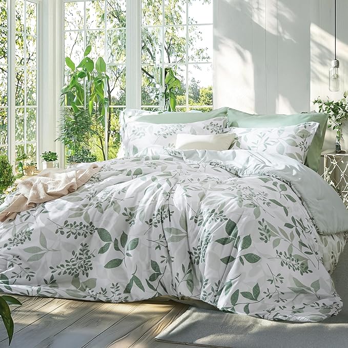 Bedsure Comforter Set Full Size - Cute Floral Bedding Comforter Set, 3 Pieces, 1 Soft Reversible Sage Green Botanical Flowers Comforter and Pillow Shams