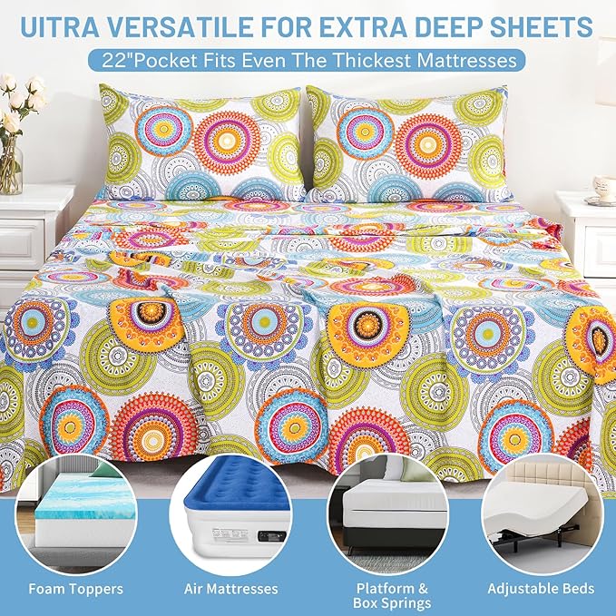 Bedlifes Queen Size Extra Deep Pocket Sheet Sets - Fits Mattresses Up to 18-24" Thick, 4-Piece Microfiber Set with 1800 Thread Count, Soft, Smooth, Breathable, Featuring Mandala Patterned