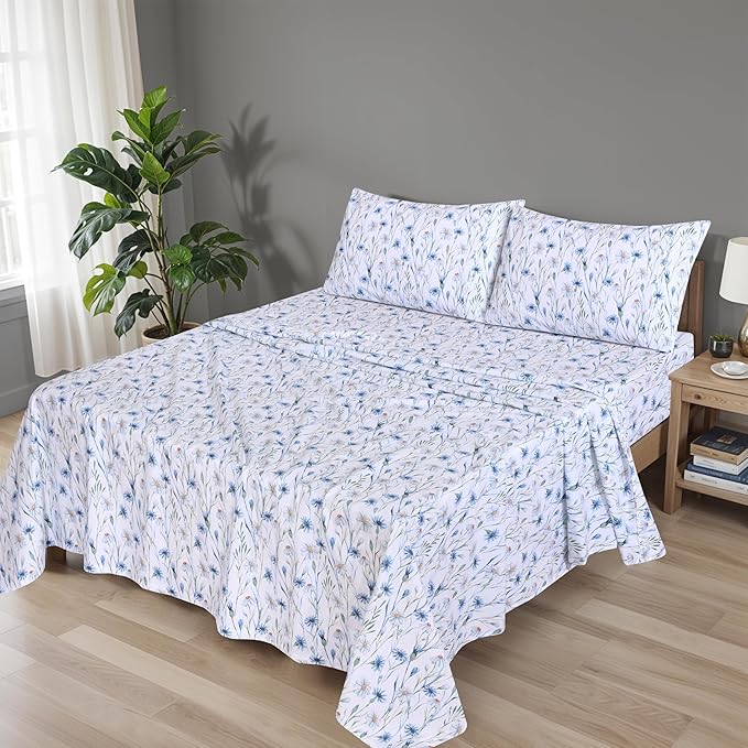 RUVANTI 100% Organic Cotton Sheets Full Size, Percale Weave, GOTS Certified, 4-Piece Set, Deep Pocket 15", Crisp & Breathable, Soft Durable Bedding, Sábanas Algodón Orgánico – Daisy Bud