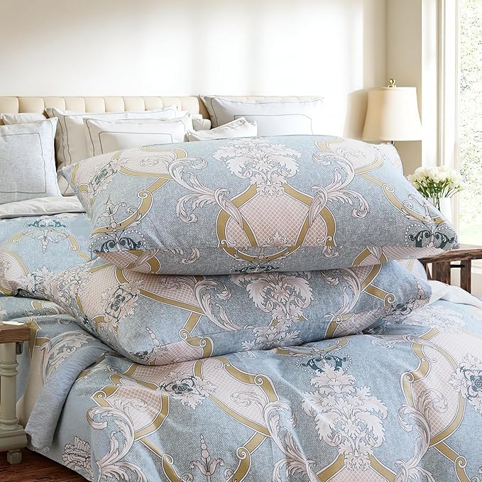 100% Natural Cotton Duvet Cover Set King 3 Pcs Grayish Blue Duvet Cover with Luxurious Damask Pattern, Reversible Breathable Soft Comforter Cover Sets with Zipper Closure All Season