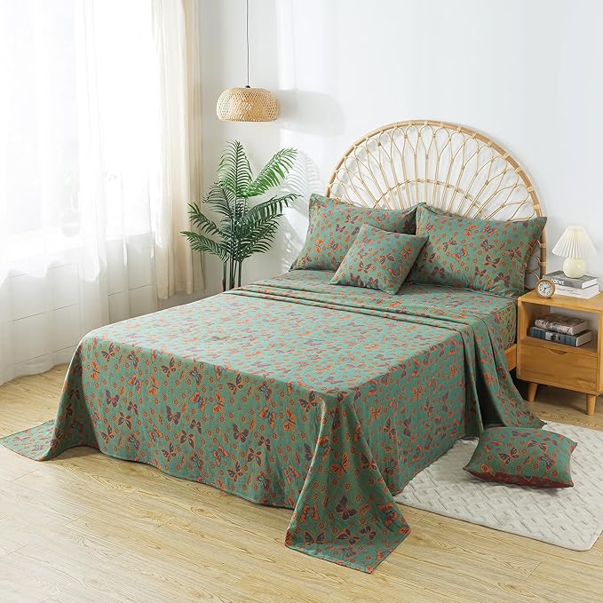 FADFAY Butterfly Sheets Set Queen Vintage Green Red Floral Bedding Shabby Farmhouse Bedding Super Soft Washed Double -Layer Muslin Sheets 100% Cotton Deep Pocket Fitted Sheet 4Pcs, Queen Size