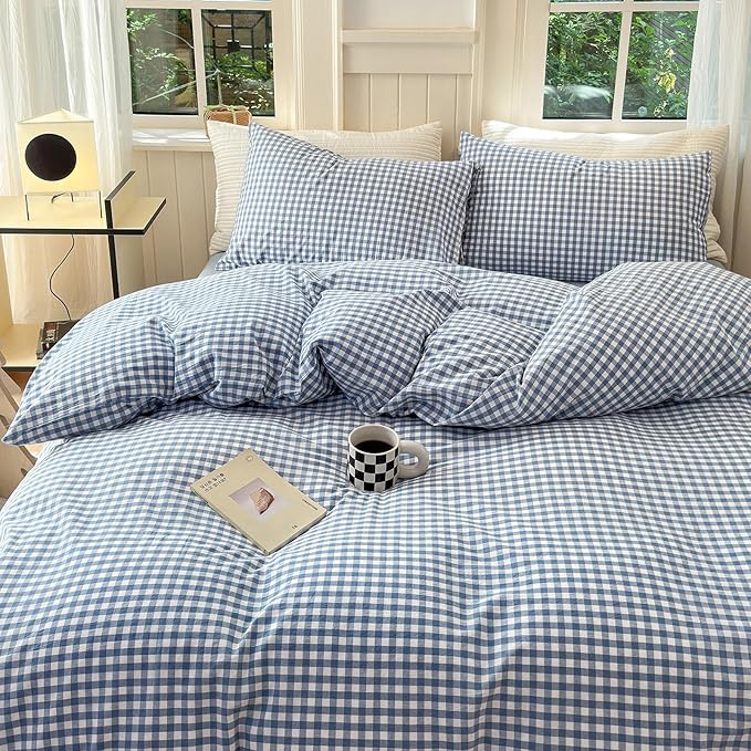 Blue Gingham Comforter Set Queen Modern Plaid Checkered Pattern Comforter 3 Pieces Blue Grid Comforter with 2 Pillowcases Soft Fluffy Gingham Bedding Set Farmhouse Plaid Comforter Set for All Seasons