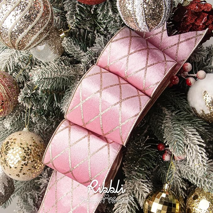 Ribbli Light Pink Velvet Ribbon Wired with Glitter Diamond Grid 4 Inch Christmas Ribbon for Christmas Tree Decoration Big Bow Gift Wrapping Crafts Wreaths Garland Supplies - 10 Yards