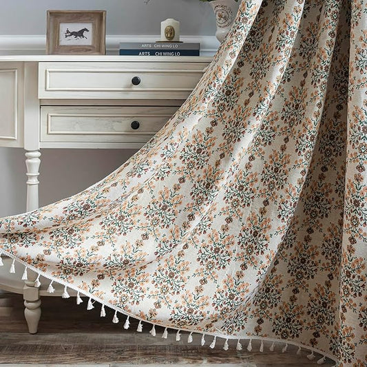 ENJOYBRIDAL Floral Curtains 84 Inch Length 2 Panels Vintage Flower Patterned Drapes Boho Semi Sheer Tassel Rustic Country Rod Pocket Botanical Farmhouse Window Curtain Panels for Bedroom Living Room