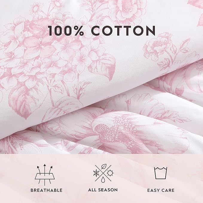 Laura Ashley - King Comforter Set, Soft & Reversible Cotton Bedding with a Smooth Feel, Medium Weight for Year Round Comfort, 3 Piece Bed Set with Matching Pillowcases (Delphine Mauve Pink)