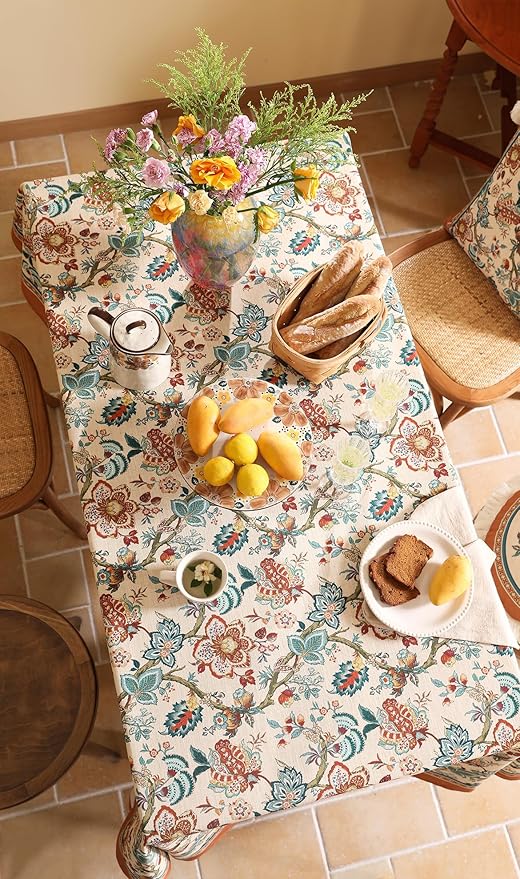 Linen Colorful Floral Long Rectangle Tablecloth,Vintage Indian Colorfast Block Print Table Cloth,Decorative Table Cover for Kitchen,Dining,Thanksgiving,Christmas,63"*102"-Mangala