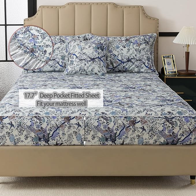 FADFAY Sheets Set King Botanical Bird Floral Bed Sheets Set Vintage Blue Farmhouse Bedding Shabby Branches Bedding Collections 100% Egyptian Cotton Breathable Soft 17.7" Deep Pocket 4Pcs, King Size