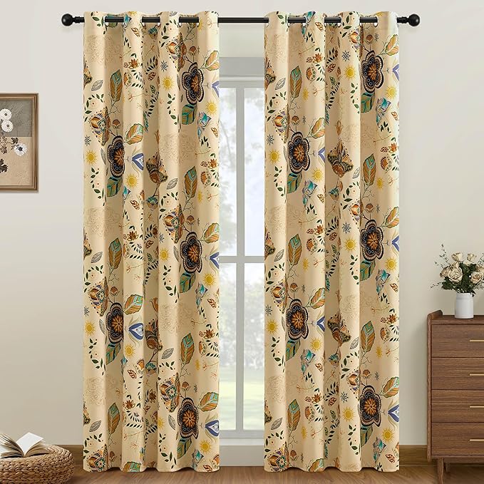 XiDi Beige Vintage Floral Curtains Boho Blackout Curtains Patterned 84 Inches Long 2 Panels for Bedroom Living Room Thermal Insulated Grommet Luxury Colorful Botanical Flower Leaf Printed Drapes 52x84