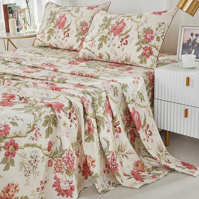 Brandream King Size Sheets Set Floral Bedding Chinoiserie Blossom Farmhouse Luxury Grandmillennial Bedding Collections 100% Egyptian Cotton Deep Pocket, 4 Pieces - Asian Style Botanical Tree Branches