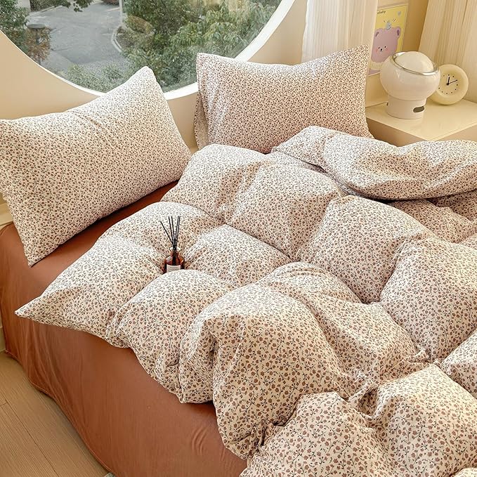 LifeTB Muslin Cotton Duvet Cover Set Full Size Vintage Floral Duvet Cover Ultra Soft Breathable Comforter Cover Chic Flower Bedding Set Linen Feel Textured Gauze Comforter Cover with Zipper Closure