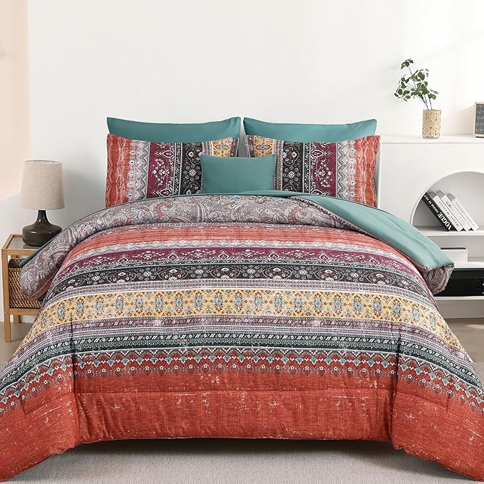 Cottolester Boho Queen Comforter Set 8 Pieces,Orange and Green Bohemian Striped Bed in a Bag,Paisley Soft Microfiber Bedding Comforter Set