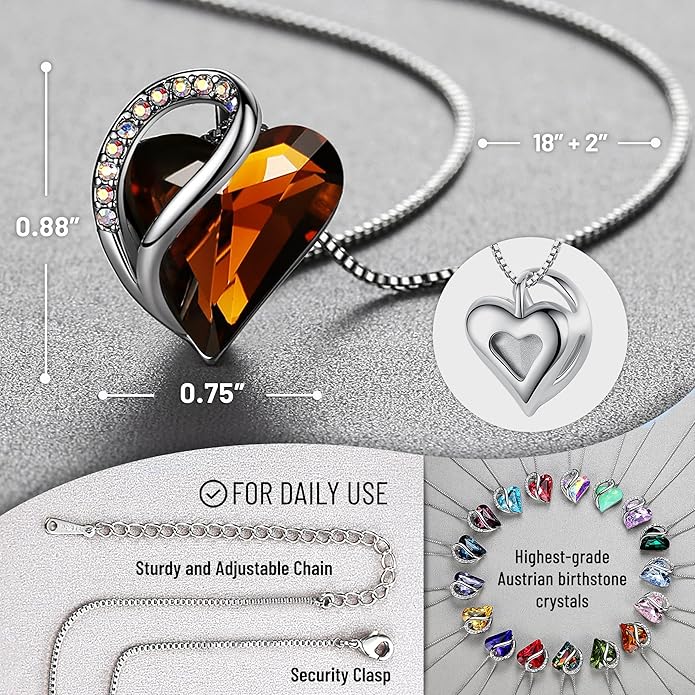 Leafael Necklaces for Women, Infinity Love Birthstone Heart Crystal Pendant, Birthday Jewelry Gifts for Her, Mom, and Wife, Silver Plated, 18 plus 2 inch Adjustable Chain
