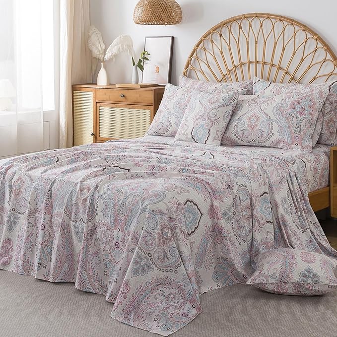 FADFAY 100% Cotton Paisley Damask Full Bed Sheet Set, 4-Piece Soft Breathable Vintage Bedding with Deep Pocket Fitted Sheet, Flat Sheet and Pillowcases, All Season Cotton Sheets