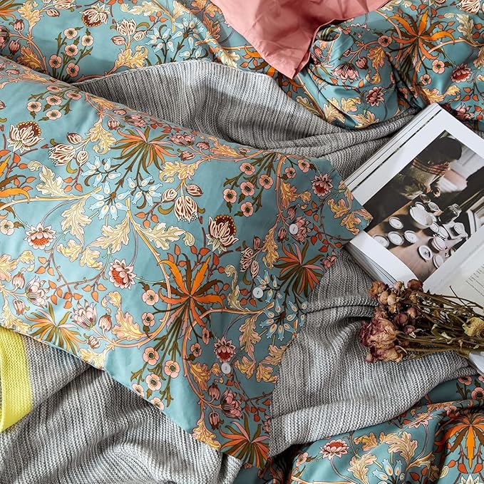 Vintage Style Garden Flower Duvet Cover Set King Boho Floral Long Staple Cotton Comforter Cover Luxury Soft Green Golden Floral Bedding Set Boho Farmhouse Bohemia Duvet Cover with 2 Pillowcases
