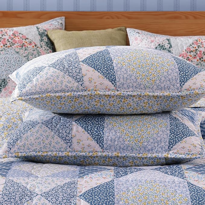 Quilt Set Queen Size, Patchwork Blue Marigold Floral Quilt Sets, Reversible Bedspread Lightweight and Breathable for All Seasons, Soft Quilted Bedspread with 2 Pillow Shams