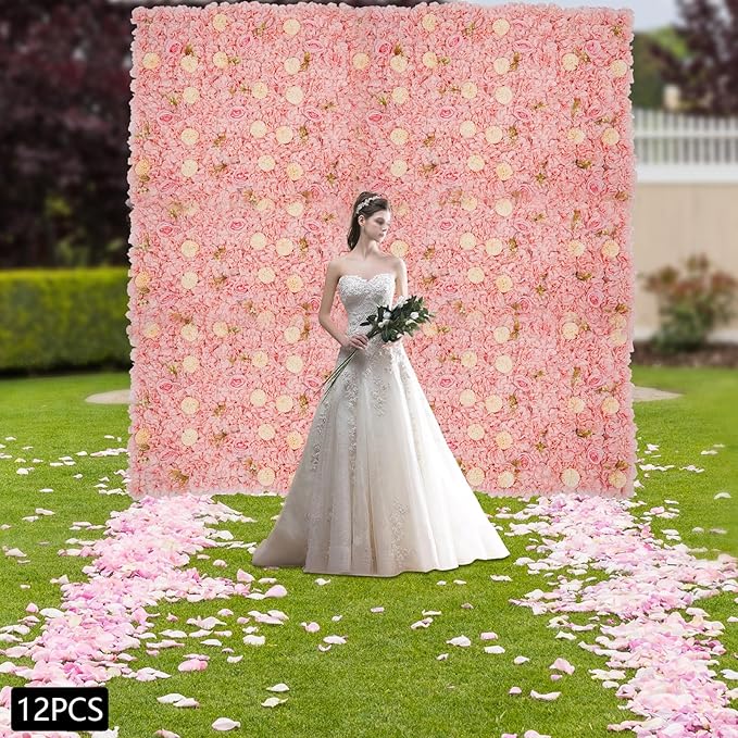 12 Pack Flower Wall Panels, Pink Floral Wall Backdrop, Artificial Flower Wall Decor 15 15, Rose 3d Flower Wall Background Party Panel Decorations for Wedding, Party, Anniversary, Indoor, Outdoor