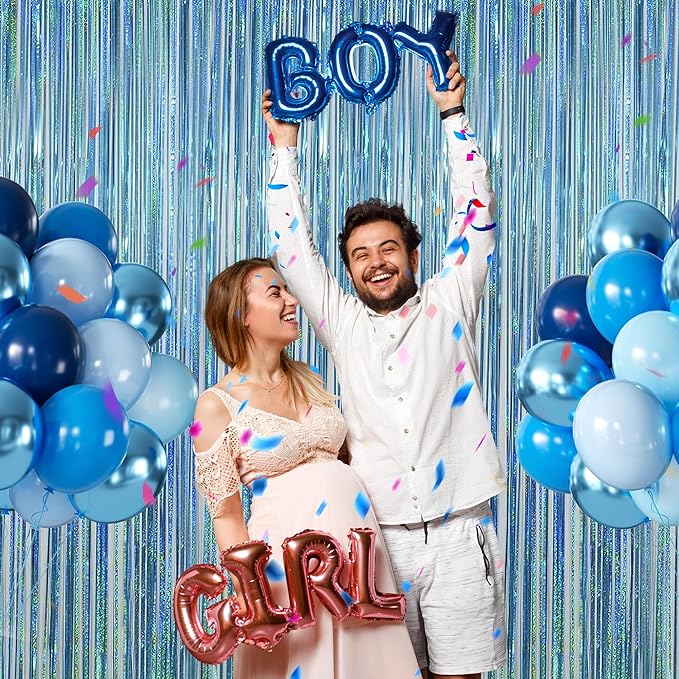 Melsan 2 Pack 3.2 ft x 8.2 ft Tinsel Foil Fringe Curtains Backdrop, Blue Sparkle Metallic Foil Curtains for Party Photo Booth Props Baby Shower Decoration, Light Blue