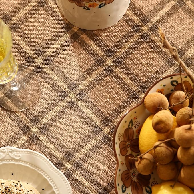 Vintage Brown Checkered Rectangle Tablecloth,Italian Floral Linen Wrinkle Resistant Table Cloth,Decor Table Cover for Kitchen,Dining,Thanksgiving,Christmas,Tea Party,55"*87"-Seville