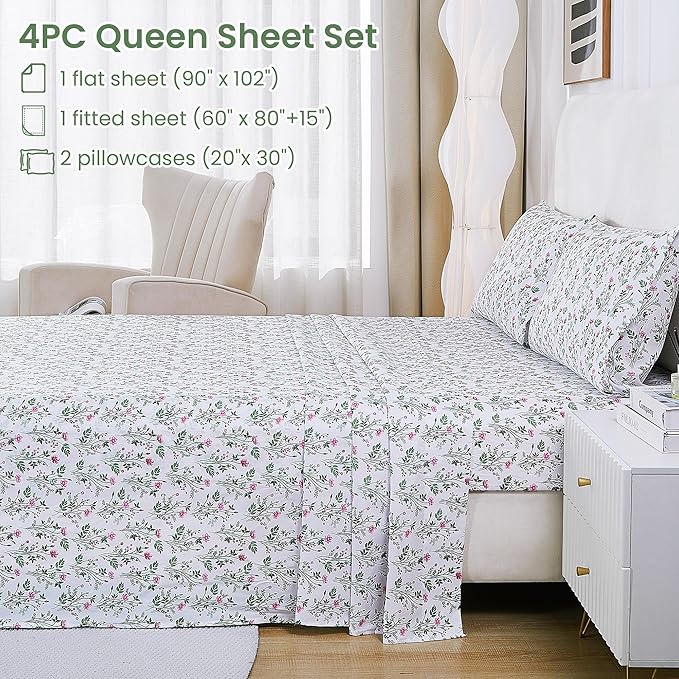 Softan Vintage Queen Bed Sheets, Cozy Microfiber Flower Printed Sheets with 15" Deep Pocket Fitted Sheet & Non-Slip Straps, Patterned Botanical Wildflower Sheets & Pillowcase Set