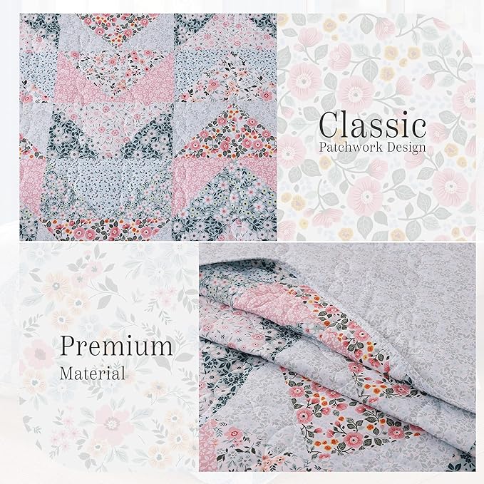 Quilt Set Queen Size, Patchwork Pink Floral Quilt Sets, Reversible Bedspread Lightweight and Breathable for All Seasons, Soft Quilted Bedspread with 2 Pillow Shams