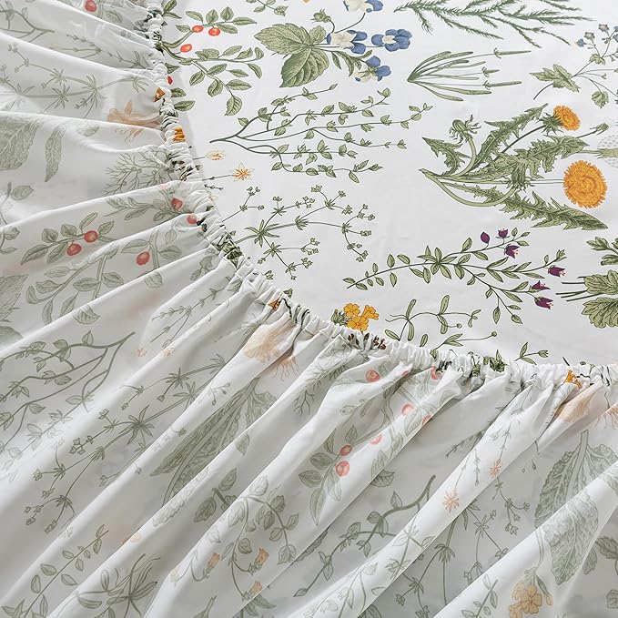 FADFAY 100% Egyptian Cotton Sheets Full Botanical Printed Floral Sheets Yellow Flowers & Leaves Pattern Farmhouse Bedding Soft and Breathable French Country Bedding 4Pcs Deep Pocket Full Sheet Set
