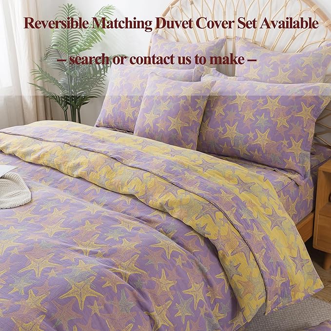 FADFAY Beach Theme Sheets Set King Purple Yellow Starfish Ocean Bedding Coastal Nautical Bedding Super Soft Washed Double -Layer Muslin Sheets 100% Cotton Deep Pocket Fitted Sheet 4Pcs, King Size