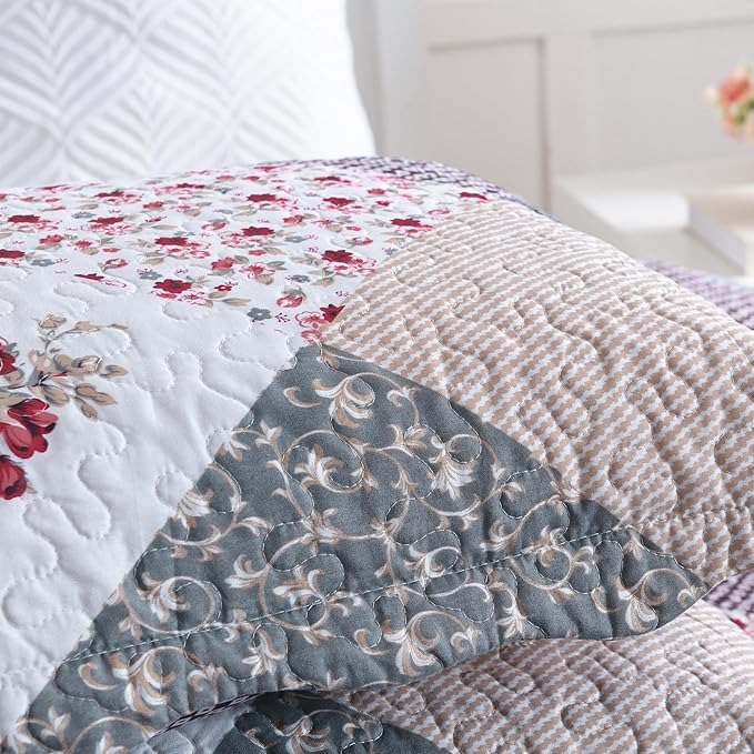 HoneiLife Quilt Set King Size - 3 Piece Microfiber Reversible Bedspreads Patchwork Coverlets Floral Bedding Set All Season Quilts-Grey Rose