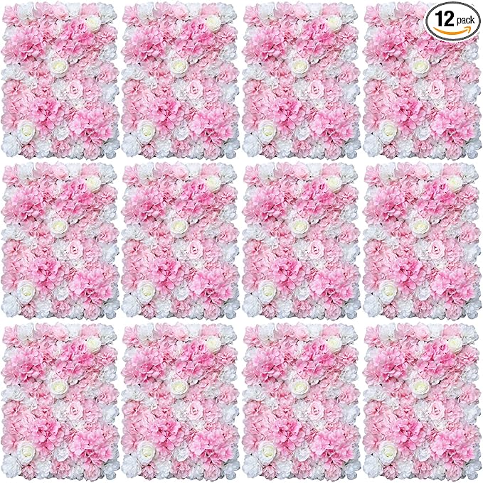 16"x 24" Artificial Flower Wall Panels,Flower Wall Mat Silk Flower Panels for Outdoor Garden Backyard Fence Fence Privacy Screen and Indoor Wall Decor(12Pcs Pink+White,Style 2)