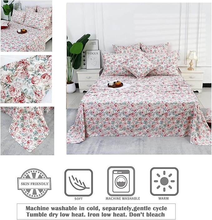 FADFAY Rose Floral Sheets Set Full Vintage Red Floral Bedding Shabby Rustic Rose Sheets French Country Farmhouse Bedding 800 Thread Count 100% Egyptian Cotton Deep Pocket Fitted Sheet 4Pcs, Full Size
